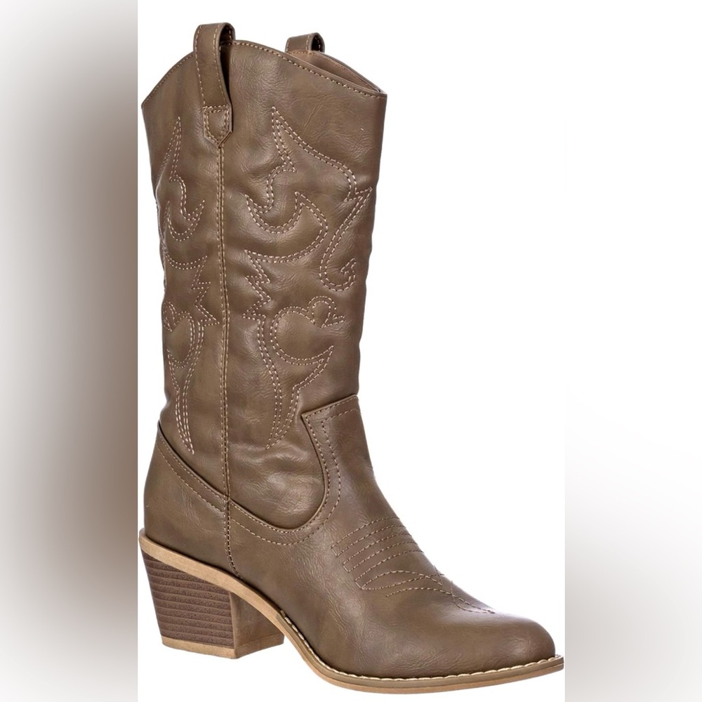 Mocha Cowboy Boots for Women Stiching Western Cowgirl Boots Low Stacked Heel